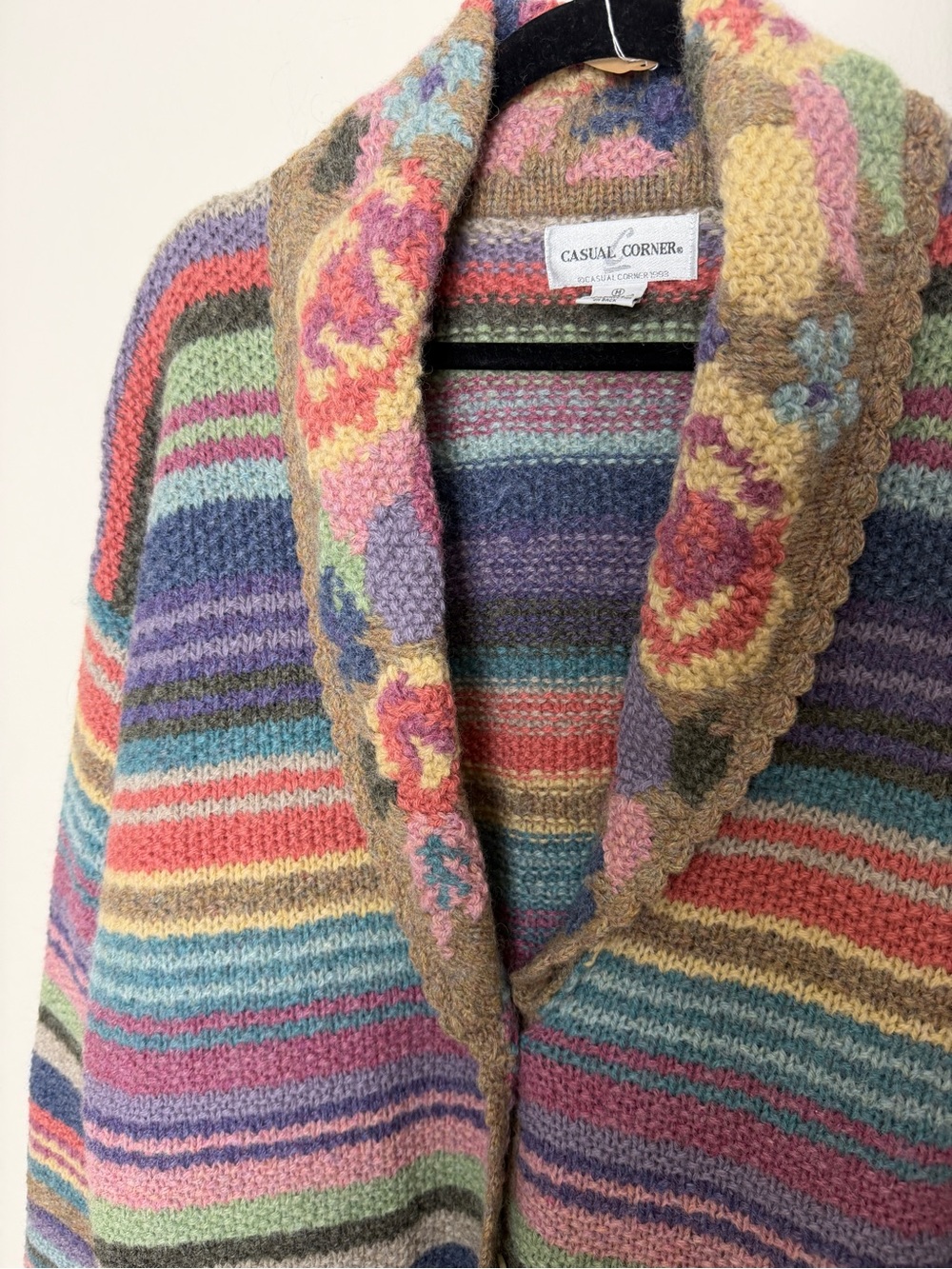 vintage Casual Corner shetland wool colorful maximalist floral stripe cardigan M - Picture 6 of 8
